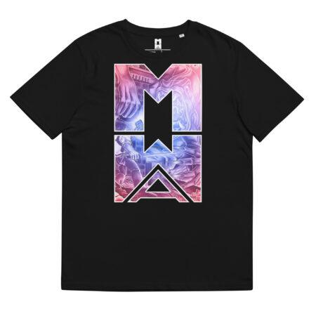 Unisex organic cotton t-shirt - Black/Red - Many Worlds Art Logo with Image