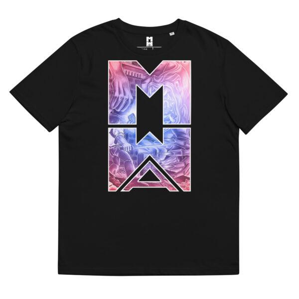 Unisex organic cotton t-shirt - Black/Red - Many Worlds Art Logo with Image