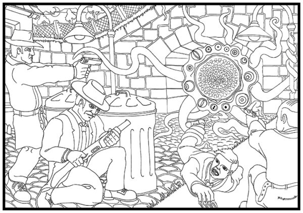 Agents surround a demonic beast which is emerging from under a bridge, whilst one of them is getting dragged away by the beast.