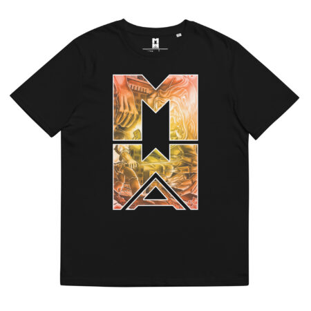 Unisex organic cotton t-shirt - Black/Orange - Many Worlds Art Logo with Image