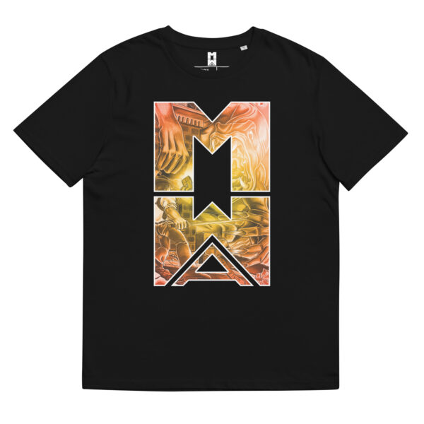 Unisex organic cotton t-shirt - Black/Orange - Many Worlds Art Logo with Image