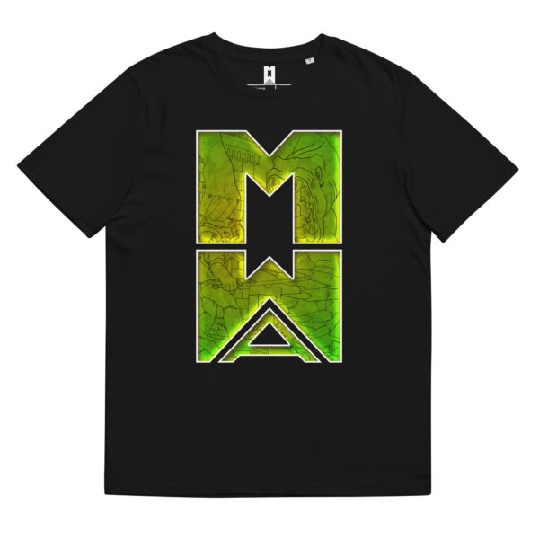 Unisex organic cotton t-shirt - Black/Green - Many Worlds Art Logo with Image