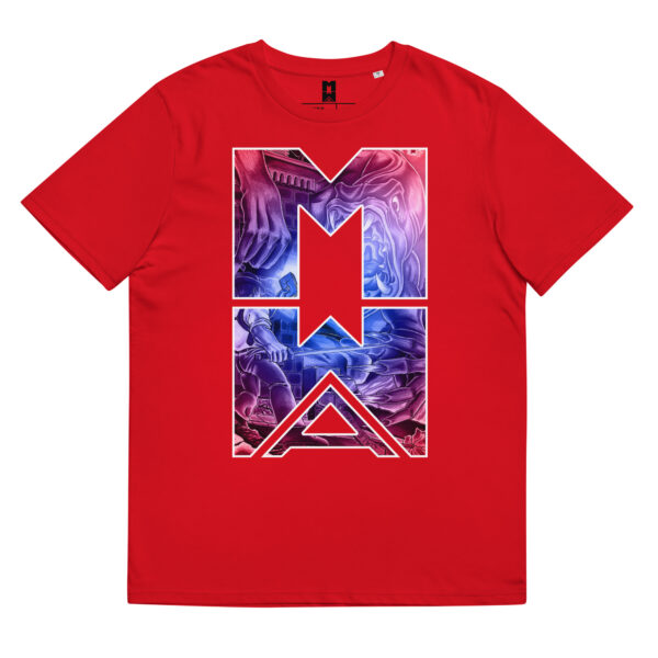 Unisex organic cotton t-shirt - Red - Many Worlds Art Logo with Image